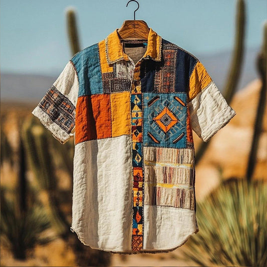 Vintage Geometric Pattern Patchwork Linen Shirt artswardrobe