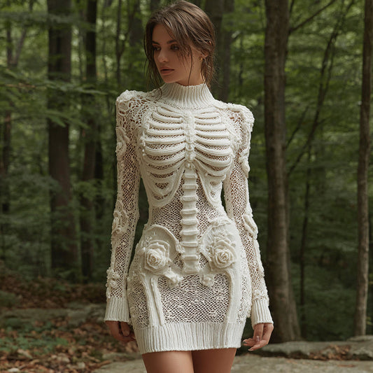 Comstylish Women's Vintage Halloween Skeleton Bones Comfortable Elegant Sweater Dress