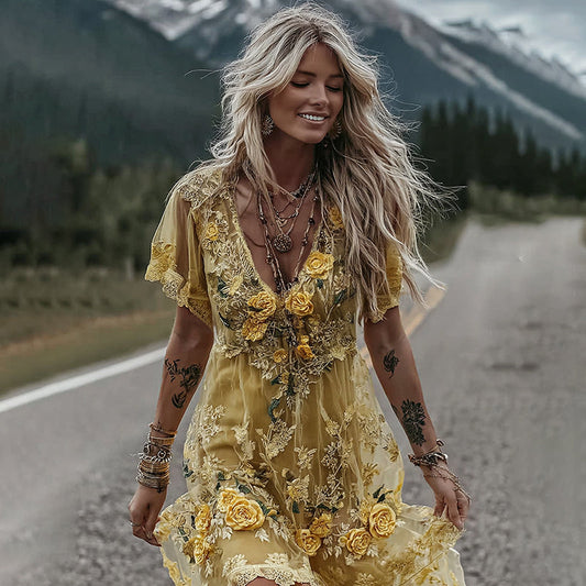 Comstylish Women's Vintage Yellow Roses And Floral Art Print V-neck Mini Dress