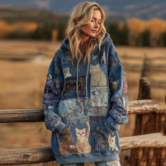 Women's Denim Patchwork Cute Cat Print Hooded Sweatshirt Dress elevenforest