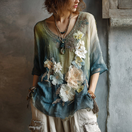 Comstylish Women's Vintage Oil Painting Floral Art V-neck Shirt