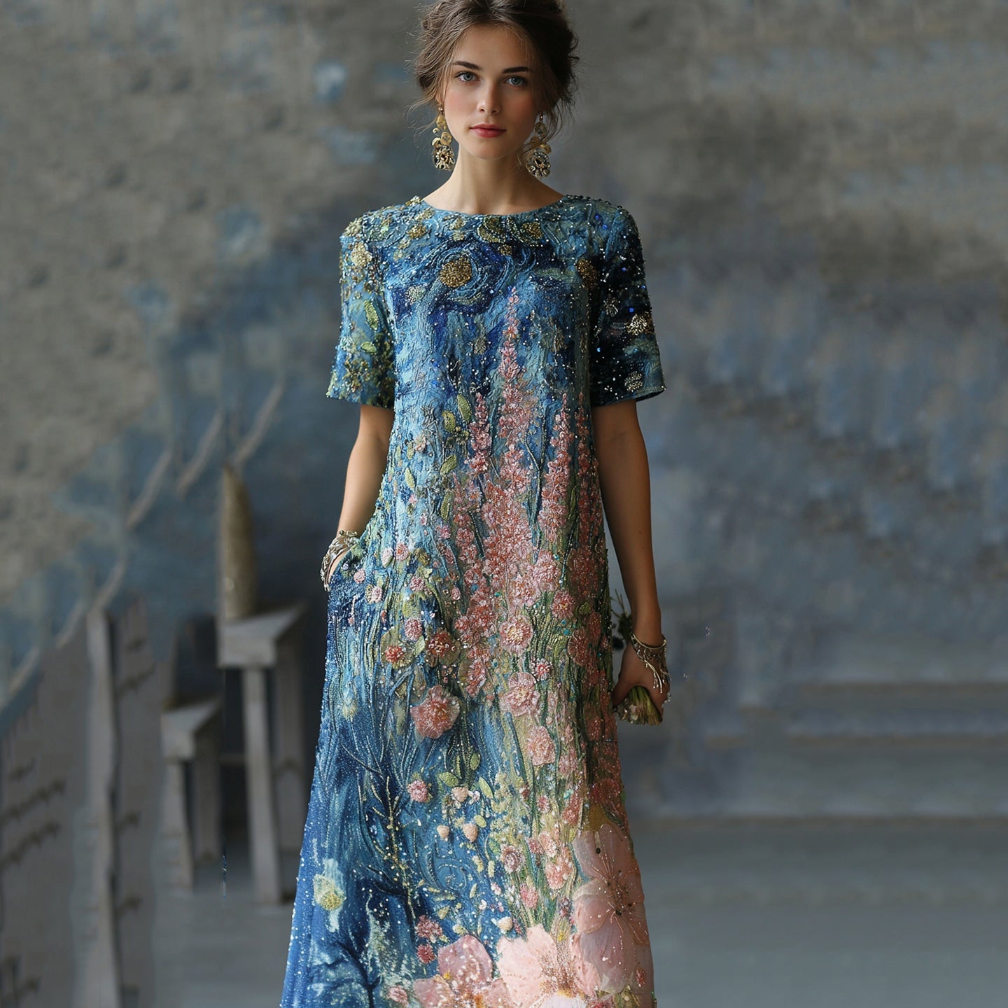 Art Oil Painting Floral Sequin Gradient Maxi Dress artswardrobe