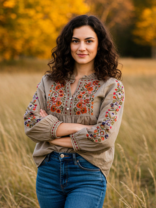 Women's Vintage Bohemian Embroidered Print Shirt artswardrobe