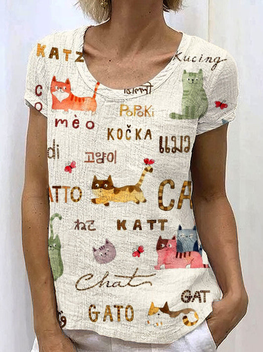 Comstylish Vintage Watercolor Cat Font Women's Linen T-shirt