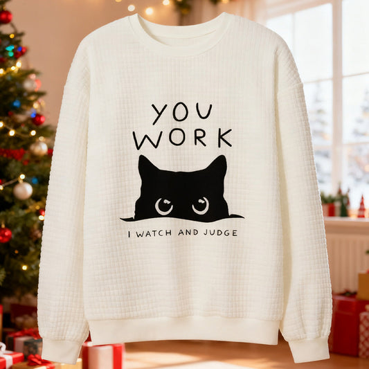 Japanese Art Funny Black Cat Print Waffle Sweatshirt elevenforest