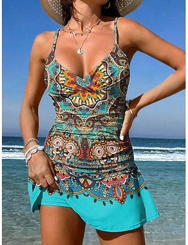 Swimwear One Piece Skirt Swimsuit Knit Vacation Graphic Geometric V Neck Sleeveless Bathing Suits