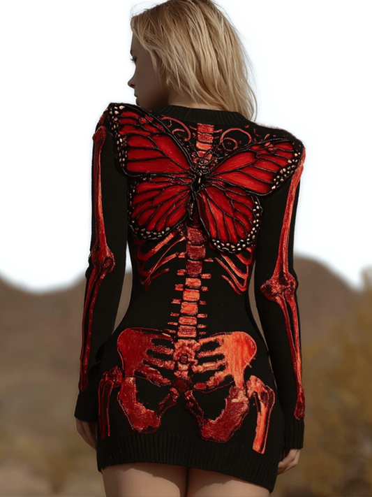Comstylish Halloween Blood Butterfly Women's Knit Sweater Dress