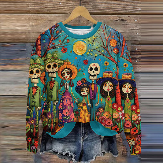 Comstylish Vintage Mexican Day Of The Dead Skull Print Sweatshirt
