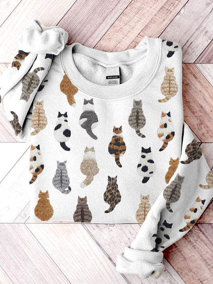Cute Cats Embroidery Pattern Casual Cozy Sweatshirt elevenforest