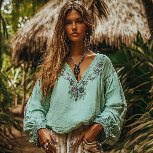 Vintage Bohemian Tribal Art Embroidery Print Cotton And Linen V-neck Loose Shirt artswardrobe
