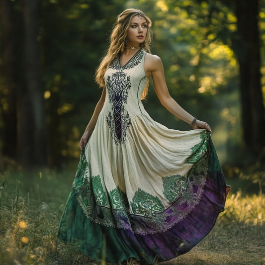 Vintage Viking Tribal Celtic Knot Life Of Tree Lace Patchwork Art Linen Tank Dress artswardrobe