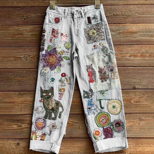 Comstylish Women's Bohemian-style Floral Cat-print Jeans