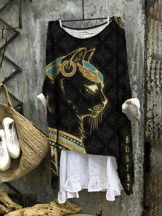 Vintage Egyptian Cat Print Women's Casual Linen Long Shirt elevenforest