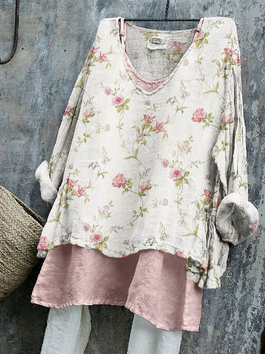 Comstylish Vintage Cottagecore Pink Floral Linen Tunic