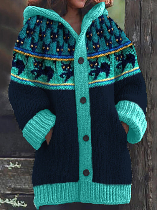 Comstylish Vintage Black Cats Yoke Contrast Cozy Knit Hooded Cardigan