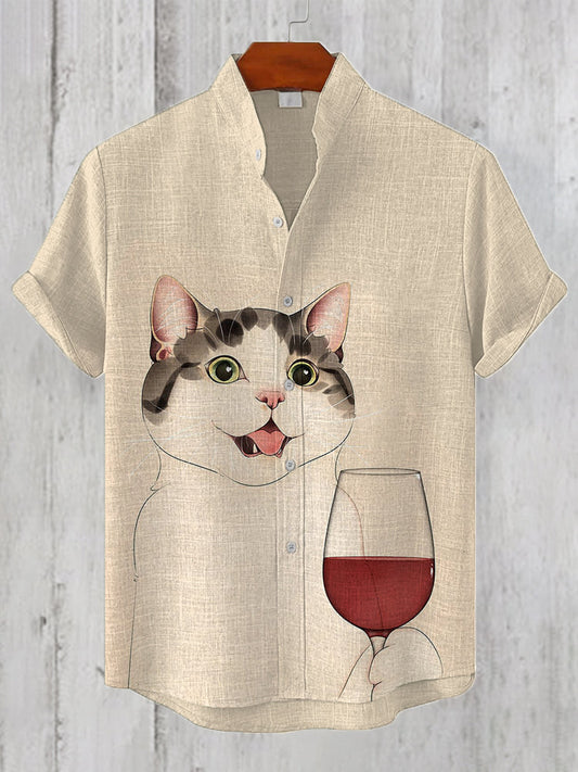 Men's Cute Cat Art Print Linen Blend Shirt elevenforest