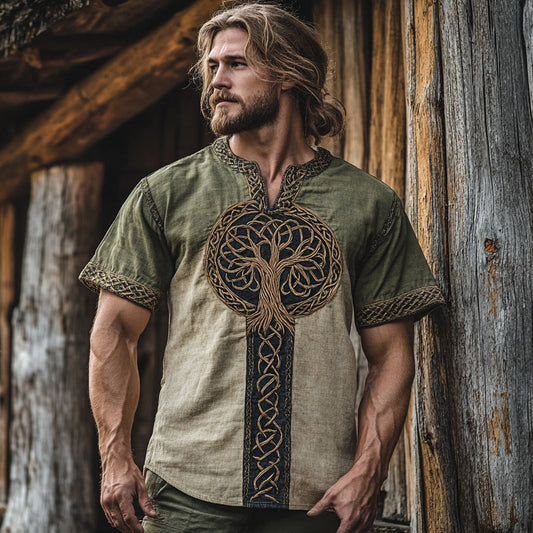 Men's Viking Tribal Celtic Life Of Tree Art Linen Shirt artswardrobe