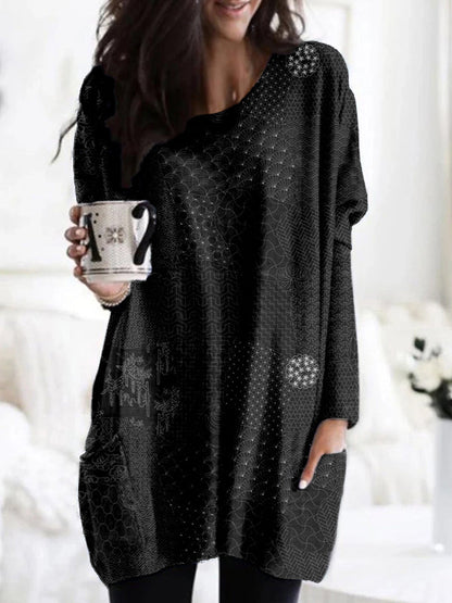 Comstylish Japanese Traditional Sashiko Art Patch Pocket Cozy Tunic