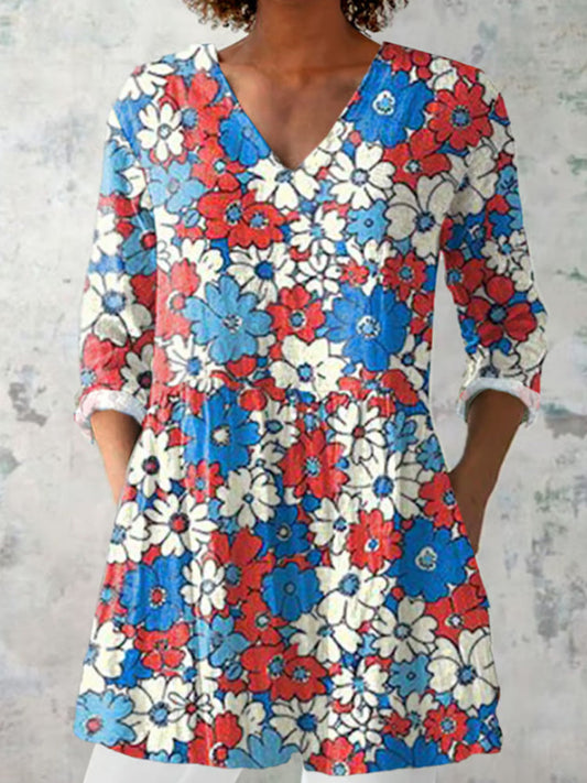 Comstylish Women's Casual Independence Day Pastoral Floral V-neck Long Shirt