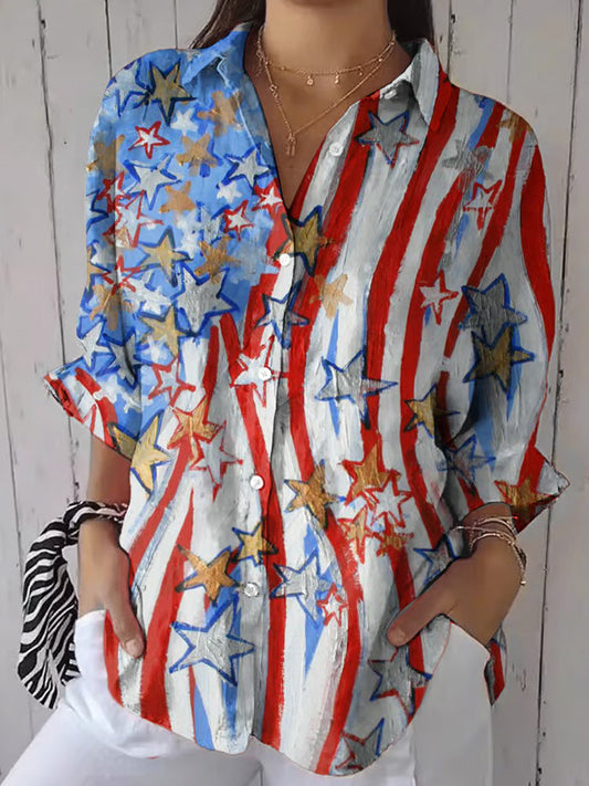 Comstylish Women's Fashion Casual Independence Day Flag Printed Cotton And Linen Shirt