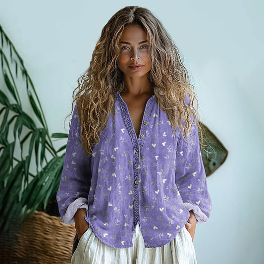 Comstylish Vintage Purple Floral Art Linen Print Long Sleeve Shirt
