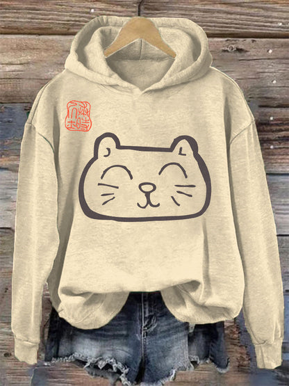Japanese Art Cat Print Vintage Hoodie elevenforest