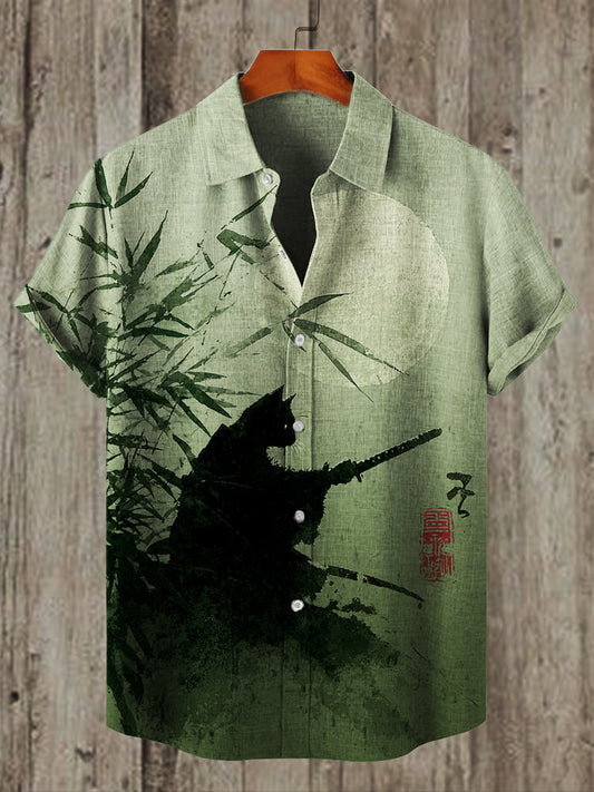 Japanese Cat Samurai Full Moon Bamboo Gradient Linen Shirt elevenforest