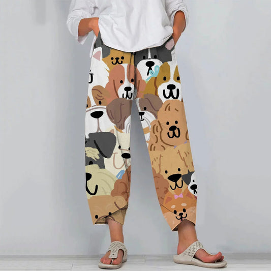 Retro Vintage Cartoon Dog Art Pattern Cropped Casual Pants artswardrobe