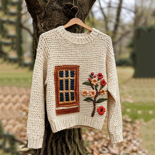Comstylish Vintage Cottagecore Window & Flowers Cozy Knit Sweater