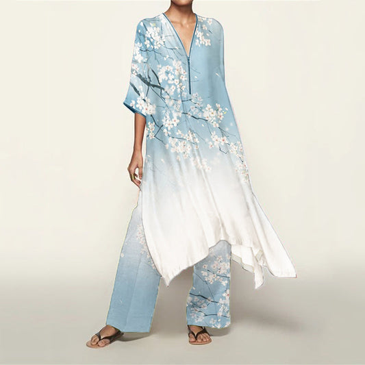 Classy Cherry Blossom Gradient Flowy Kaftan & Pants Set