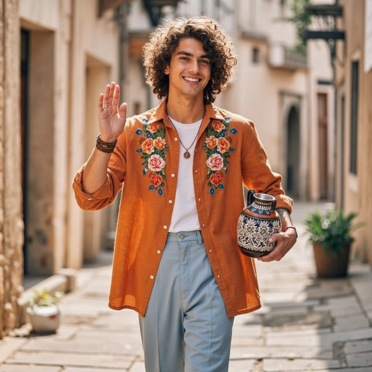 Men's Rose Floral Linen Casual Shirt artswardrobe