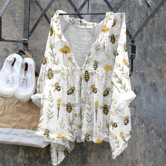 Comstylish Floral Bee Pattern Ladies Casual Cotton Linen Shirt