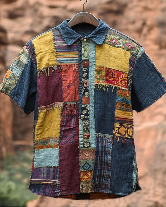 Men's Vintage Spliced ​​​​contrasting Geometric Linen Shirt artswardrobe