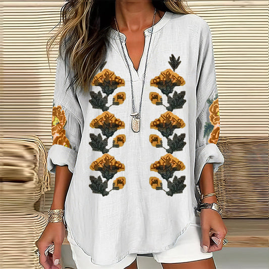Comstylish Ukrainian Flower Embroidery V-neck Linen Blend Blouse