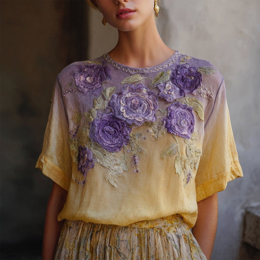 Elegant Boho Purple Roses Embroidered Gradient Linen T Shirt artswardrobe