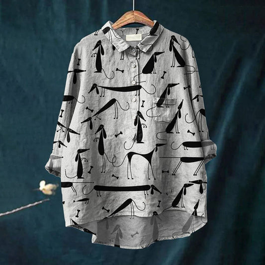 Comstylish Women'S Dachshund Art Print Casual Cotton And Linen Shirt