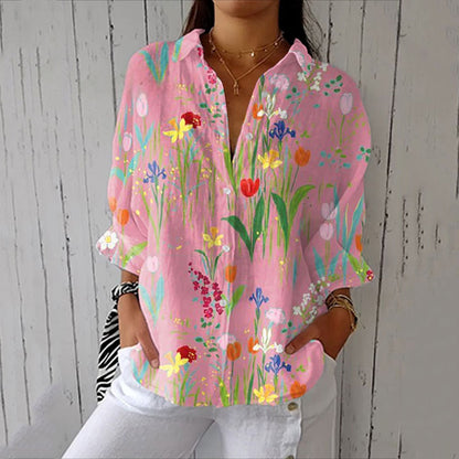 Comstylish Women's Floral Print Long Sleeve Casual Linen Blend Shirt