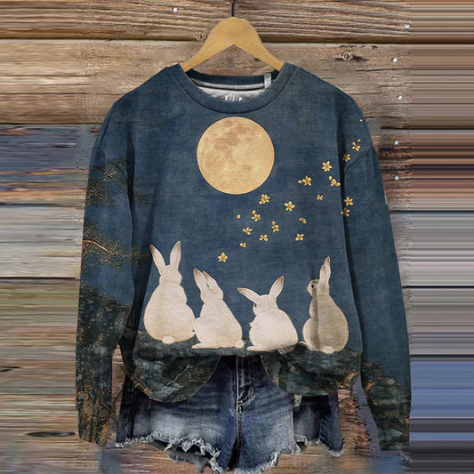 Comstylish Vintage Moon And Cute Rabbit Printed Casual Sweatshirt