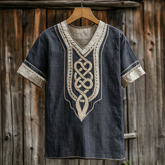 Men's Viking Celtic Knot Applique Embroidery Art Linen T-shirt artswardrobe