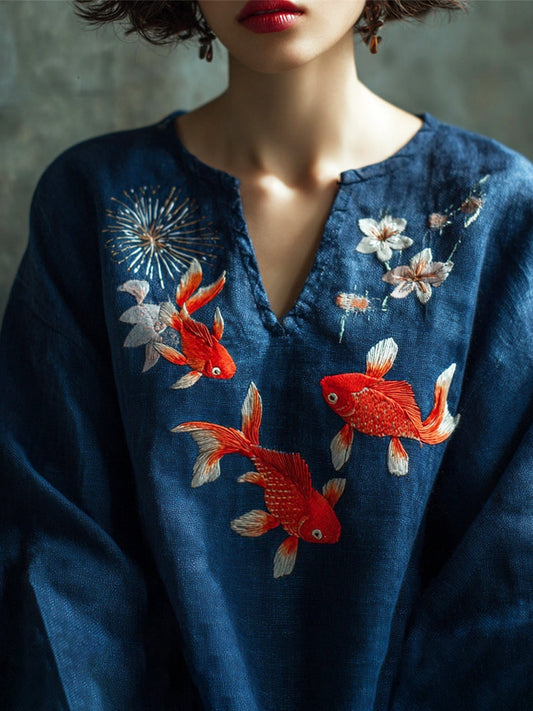 Comstylish Goldfish & Firework Embroidery Japanese Style Women's Linen V-neck Shirt