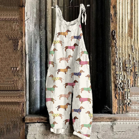 Women's Vintage Dachshund Casual Linen Jumpsuit artswardrobe