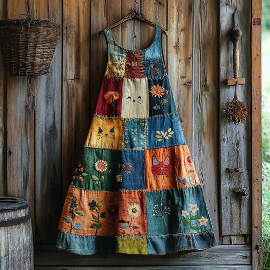 Comstylish Women's Abstract Creative Cute Cat With Floral Patchwork Art Pattern Linen Round Neck Maxi Dress