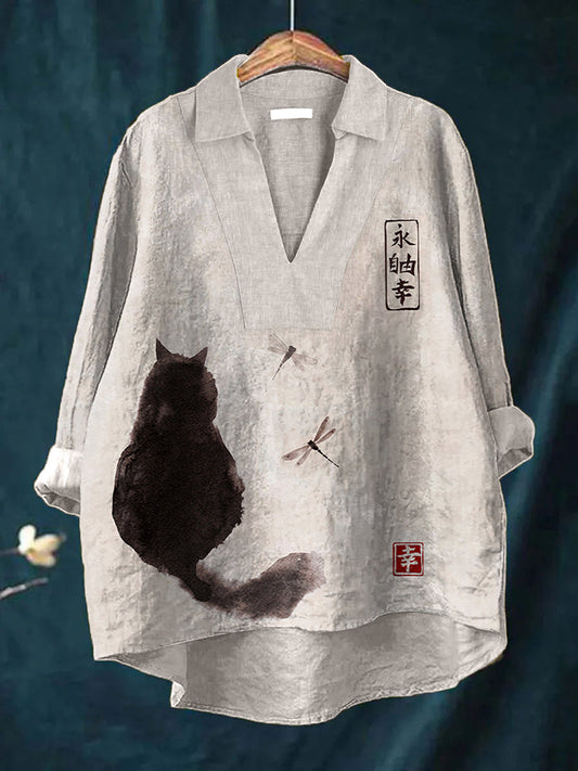 Comstylish Japanese Art Cat Print Linen Shirt