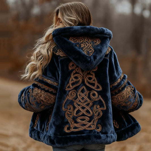 Comstylish Women's Vintage Viking Celtic Knot Style Plush Zip-up Hoodie
