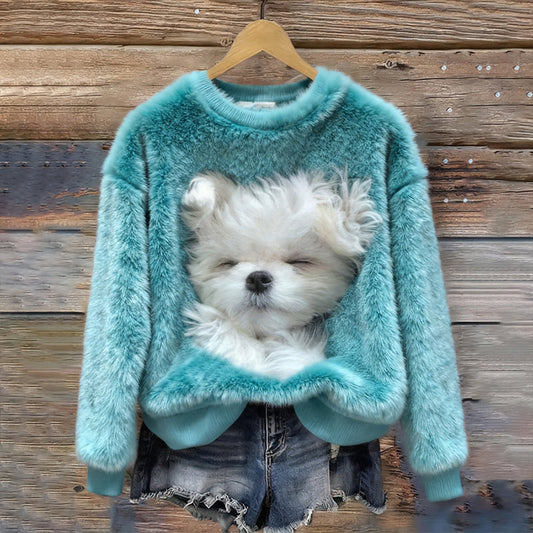 Comstylish Women's Cut Dog Print Crew Neck Plush Sweatshirt