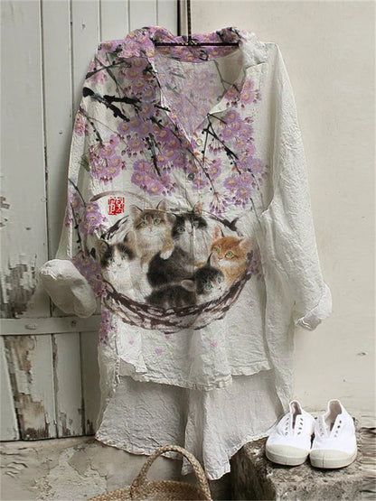 Cats under Floral Tree Japanese Art High Low Tunic elevenforest