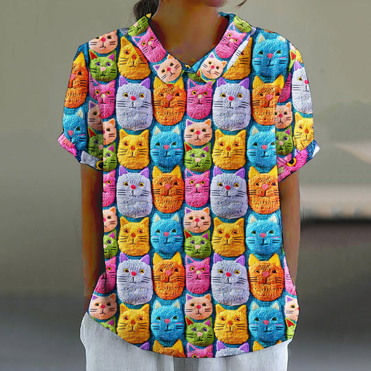 Women's Pop Art Embroidered Cute Cat Print Shirt elevenforest