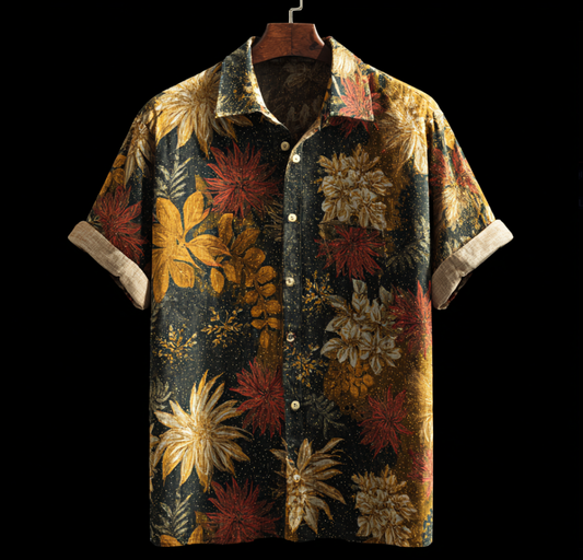 Bohemian Style Plant And Flower Pattern Men's Retro Cotton And Linen Shirt artswardrobe