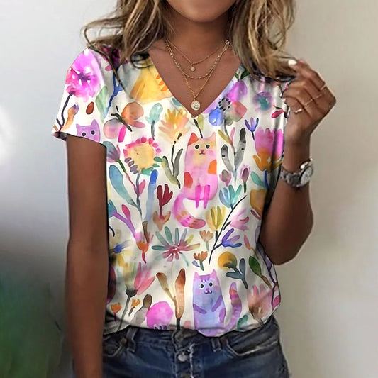 Women's Colorful Floral And Cat Art T-shirt elevenforest