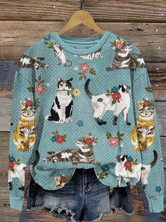 Vintage Polka Dot & Cats Print Long Sleeve Sweatshirt elevenforest